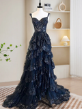 A-Line Tulle Sequin Dark Navy Long Prom Dress, Sequin Long Formal Dress HZ0319