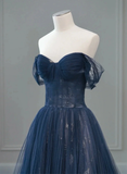 Navy Blue Off Shoulder A-Line Tulle Long Formal Party Dress HZ0319