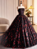 Black Tulle and Red Sequins A-Line Strapless Formal Party Dress Evening Gown HZ0319