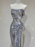 Silver Strapless Sequins Sheath Long Party Dress Birthday Outfits HZ0319