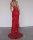 Gorgeous Red Straps Beading Lace Mermaid Long Party Dress Birthday Outfits HZ0319