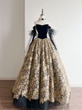 Black Srapless A-Line Tulle Lace Long Formal Ball Gown with Detachable Sleeves HZ0319