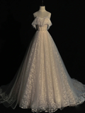 White Spaghetti Straps Off Shoulder A-Line Lace Tulle Long Party Gown HZ0319