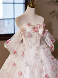 A-Line Tulle Floral Prom Dress, Off the Shoulder Formal Party Dress HZ0319