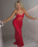 Gorgeous Red Straps Beading Lace Mermaid Long Party Dress Birthday Outfits HZ0319
