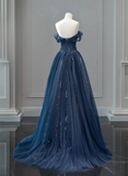 Navy Blue Off Shoulder A-Line Tulle Long Formal Party Dress HZ0319