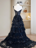 A-Line Tulle Sequin Dark Navy Long Prom Dress, Sequin Long Formal Dress HZ0319
