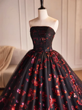 Black Tulle and Red Sequins A-Line Strapless Formal Party Dress Evening Gown HZ0319
