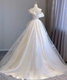 White Off Shoulder A-Line Tulle Satin Wedding Dress Birthday Gown HZ0319
