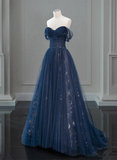 Navy Blue Off Shoulder A-Line Tulle Long Formal Party Dress HZ0319