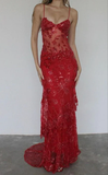 Gorgeous Red Straps Beading Lace Mermaid Long Party Dress Birthday Outfits HZ0319