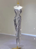 Silver Strapless Sequins Sheath Long Party Dress Birthday Outfits HZ0319