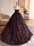 Black Tulle and Red Sequins A-Line Strapless Formal Party Dress Evening Gown HZ0319