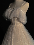 White Spaghetti Straps Off Shoulder A-Line Lace Tulle Long Party Gown HZ0319