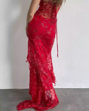 Gorgeous Red Straps Beading Lace Mermaid Long Party Dress Birthday Outfits HZ0319