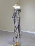 Silver Strapless Sequins Sheath Long Party Dress Birthday Outfits HZ0319