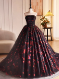 Black Tulle and Red Sequins A-Line Strapless Formal Party Dress Evening Gown HZ0319