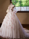 A-Line Tulle Floral Prom Dress, Off the Shoulder Formal Party Dress HZ0319
