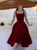 Wine Red Square Neck Straps A-Line Long Party Dress Birthday Outfits HZ0319