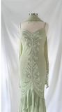 Light Sage Spaghetti Straps Mermaid Appliques Vintage Long Party Dress, HZ0319