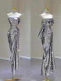 Silver Strapless Sequins Sheath Long Party Dress Birthday Outfits HZ0319