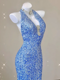 Blue V Neck Halter Sequins Sheath Long Party Dress Birthday Outfits HZ0319