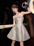 Vintage Silvery Beading Strapless Design A-line Party Dress Homecoming Dress, HZ0319