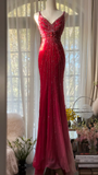 Retro Red V-neck Sparkling Beaded Mermaid Chiffon Evening Dress Prom Dress HZ0319