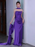 Charming Purple Strapless Mermaid Satin Long Party Dress Evening Gown, HZ0319