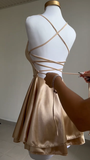 Lovely Gold Straps A-Line Satin Short Party Dress Homecoming Dress HZ0319