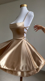 Lovely Gold Straps A-Line Satin Short Party Dress Homecoming Dress HZ0319