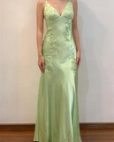 Green V Neck Straps Appliques Long Evening Party Dress HZ0319
