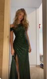 Green Off Shoulder Sheath Sequins Long Formal Party Dress HZ0319