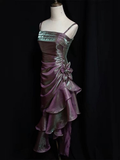 Vintage Spaghetti Straps Sheath Chiffon Ruffled Long Prom Dress HZ0319