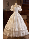 White A-Line Satin Lace Long Wedding Dress with Short Sleeves HZ0319