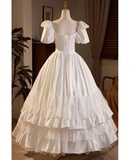 White A-Line Satin Lace Long Wedding Dress with Short Sleeves HZ0319
