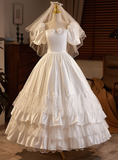 White A-Line Satin Lace Long Wedding Dress with Short Sleeves HZ0319