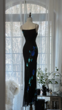 Retro Black Floral Spaghetti Strap Design Romantic Chiffon Evening Dress Prom Dress HZ0319