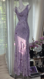 Vintage Light Purple Floral Applique Mermaid Cowl Neck Design Satin Prom Dress Evening Dress HZ0319