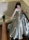 Silver Grey Straps Vintage Chiffon Long Party Dress Birthday Gown HZ0319