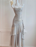 Silver Grey Straps Vintage Chiffon Long Party Dress Birthday Gown HZ0319