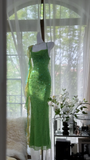 Vintage Shiny Sequin Green Spaghetti Strap Design A-line Romantic Chiffon Evening Dress Prom Dress HZ0319
