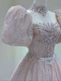 Light Pink A-Line Beading Princess Ball Gown with Short Sleeves HZ0319
