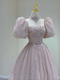 Light Pink A-Line Beading Princess Ball Gown with Short Sleeves HZ0319