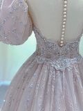 Light Pink A-Line Beading Princess Ball Gown with Short Sleeves HZ0319