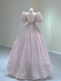 Light Pink A-Line Beading Princess Ball Gown with Short Sleeves HZ0319