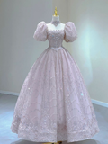Light Pink A-Line Beading Princess Ball Gown with Short Sleeves HZ0319