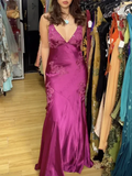 Fuchsia V Neck Sheath Vintage Long Evening Party Dress HZ0319