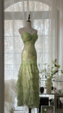 Elegant Green Fairy Mermaid Long Chiffon Spaghetti Strap Evening Dress Prom Dresses HZ0319