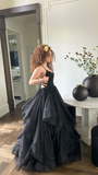 Black Straps A-Line Open Back Shiny Long Party Dress Birthday Gown HZ0319
